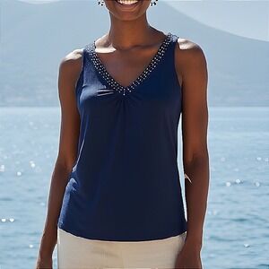 Express Tank Top Womens Small Navy Blue Excellent Studded V-Neck Sleeveless